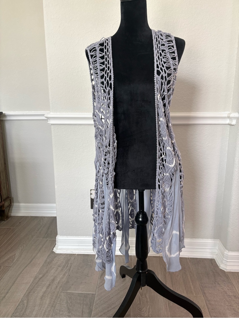 John Mark Light Gray Open Crochet Knit Fringe Vest